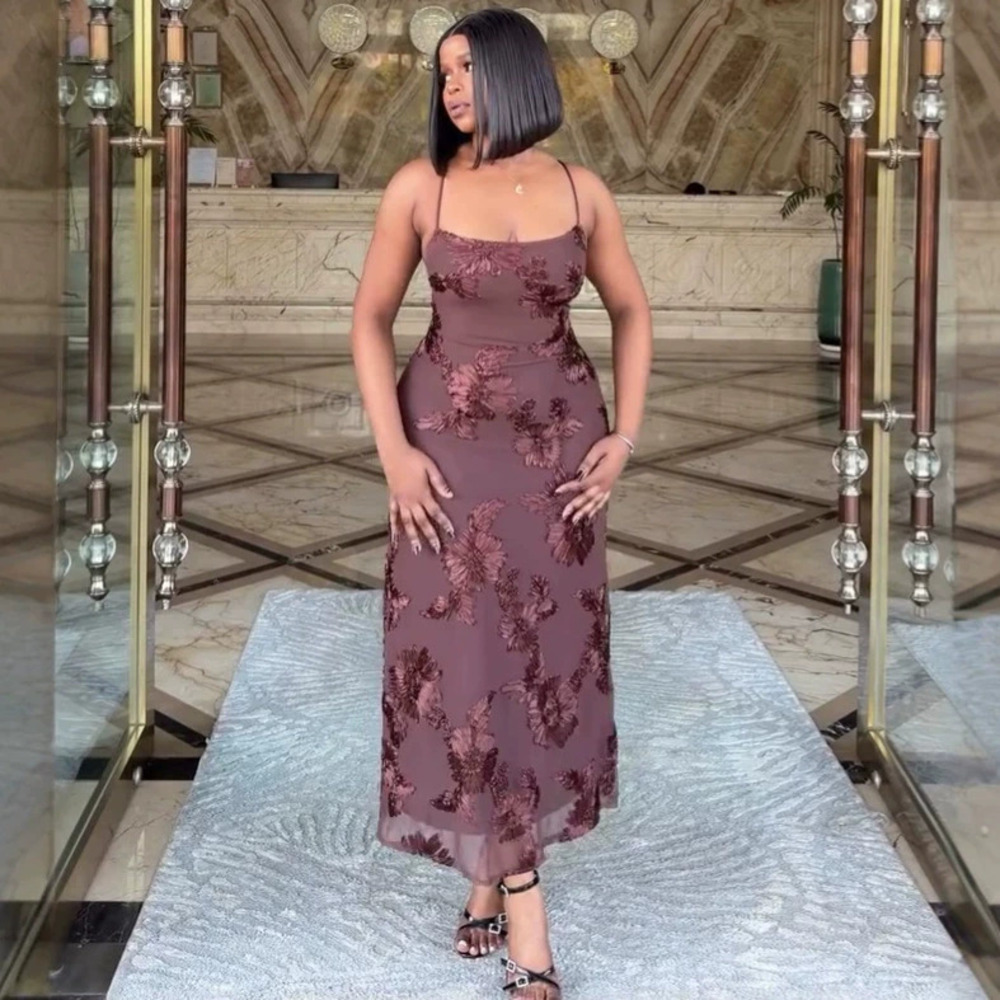 Stylish Floral Sleeveless Tank Long Dress Elegant Fitted African Backless Gown